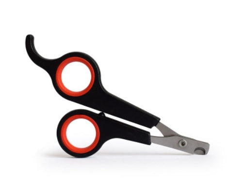 Pair of black and red pet nail clippers on a white background
