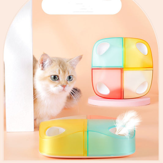 Colorful pet toy with a cat peeking from behind on a light pink background