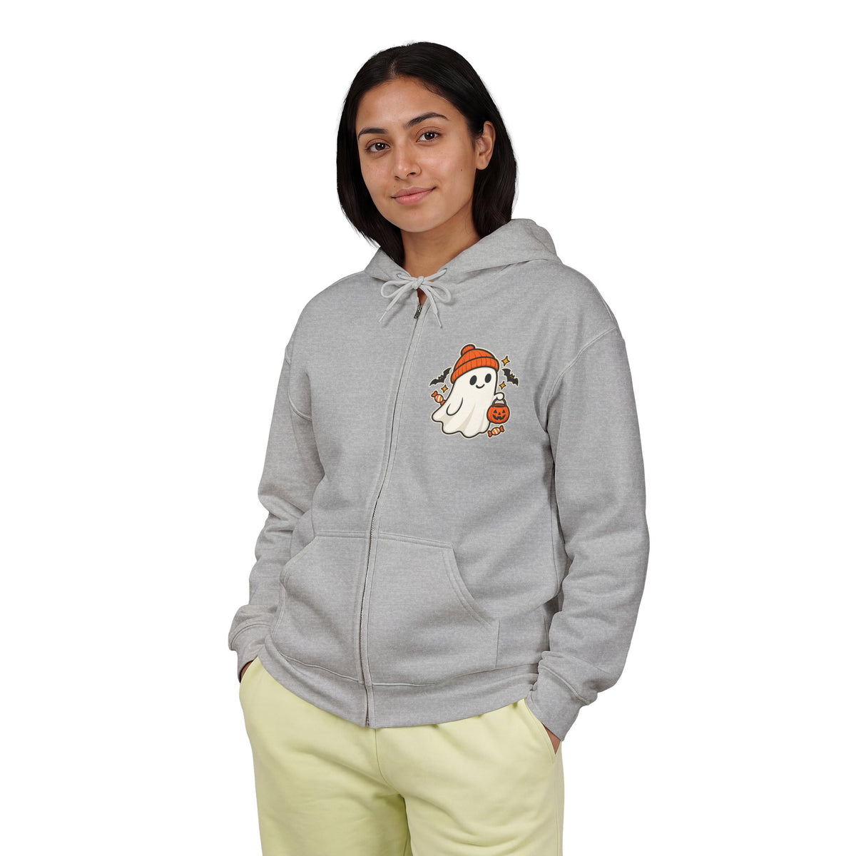 Trick-or-Treat Ghost Halloween Zip-Up Hoodie – Unisex Full-Zip Sweatshirt