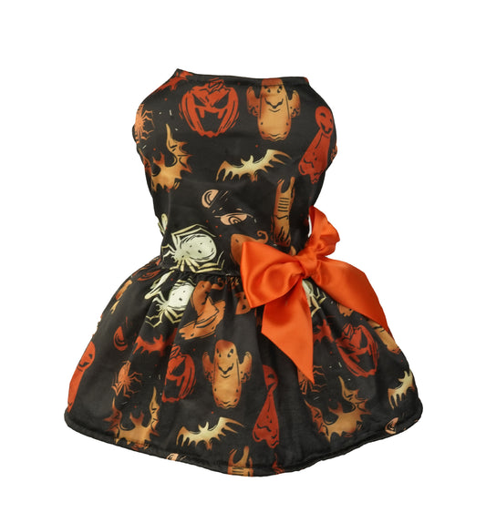 Halloween-themed dress with pumpkins, ghosts, and bats on a black background.