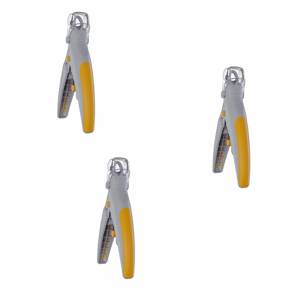 Set of three pairs of nail clippers on a white background