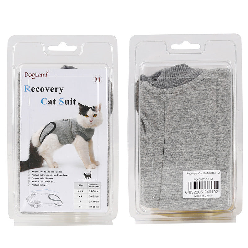 Cat recovery suit packaging with a cat illustration on the left and the suit on the right.