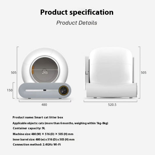 Smart cat litter box with dimensions and specifications on a white background