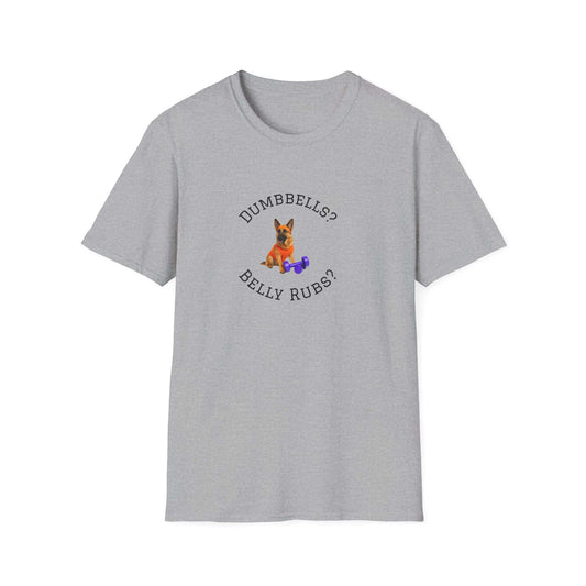 German Shepard Dog Lover Workout Tee –“Belly Rubs or Dumbbells?” featuring cute dog and gym theme, perfect pet accessory.