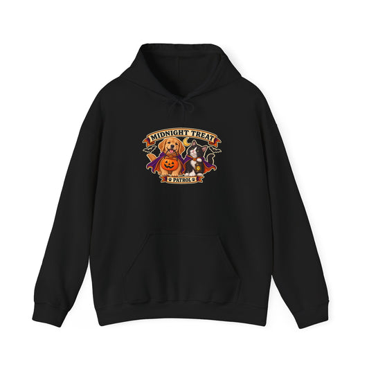 Midnight Treat Patrol Halloween puppy and kitten hoodie in black