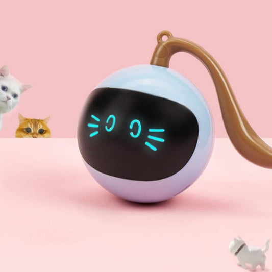 Round robot-like device with glowing eyes on a pink background