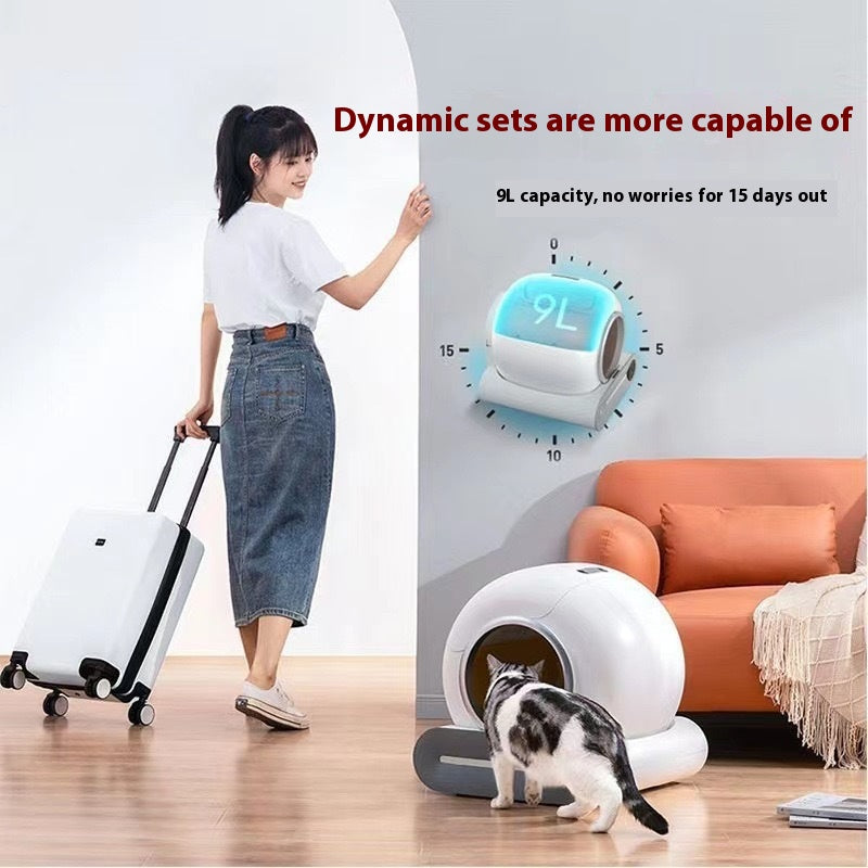 Woman with a suitcase, cat near a pet bed, and a digital clock displaying 9L capacity.