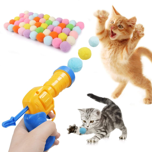 Interactive Ball Launcher Toy for Cats & Kittens with colorful pom pom balls and playful cats. Ideal pet supplies.