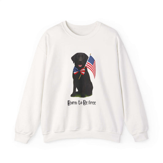Born to Be Free Dog Lover Crewneck Sweatshirt featuring a happy dog with flags, ideal for pet lovers and patriotic occasions.