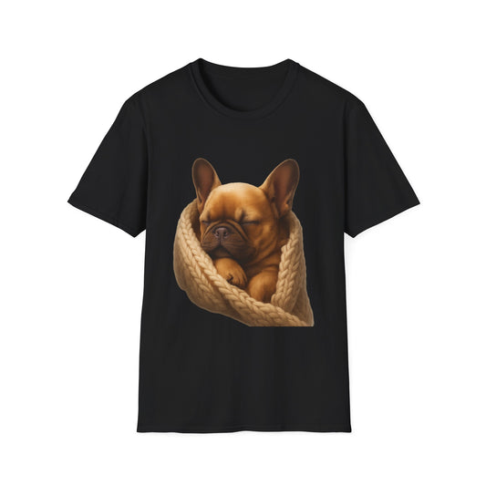 Black t-shirt with a dog in a knitted blanket graphic on a white background