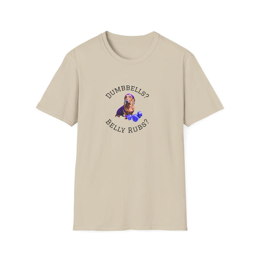 Beige t-shirt with a graphic of a dog and text 'DUMBBELLS? BELLY RUBS?' on a white background