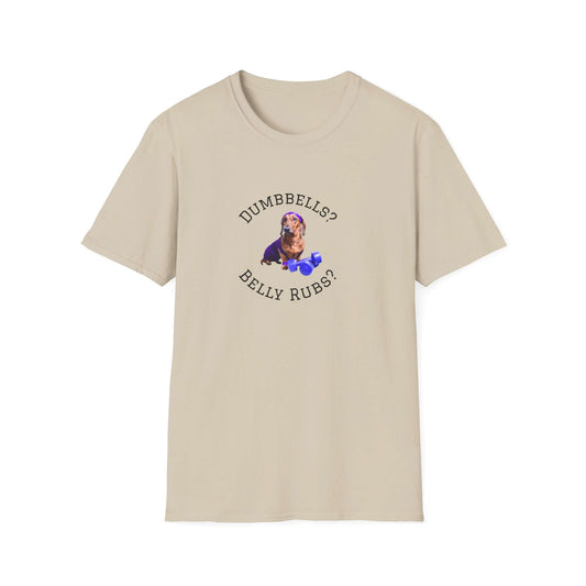 Dumbbells or Belly Rubs Dachshund Funny T-Shirt featuring a cute dog, perfect for pet lovers and gym enthusiasts.