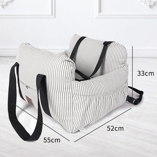 Striped baby seat with black straps and measurements on a white background