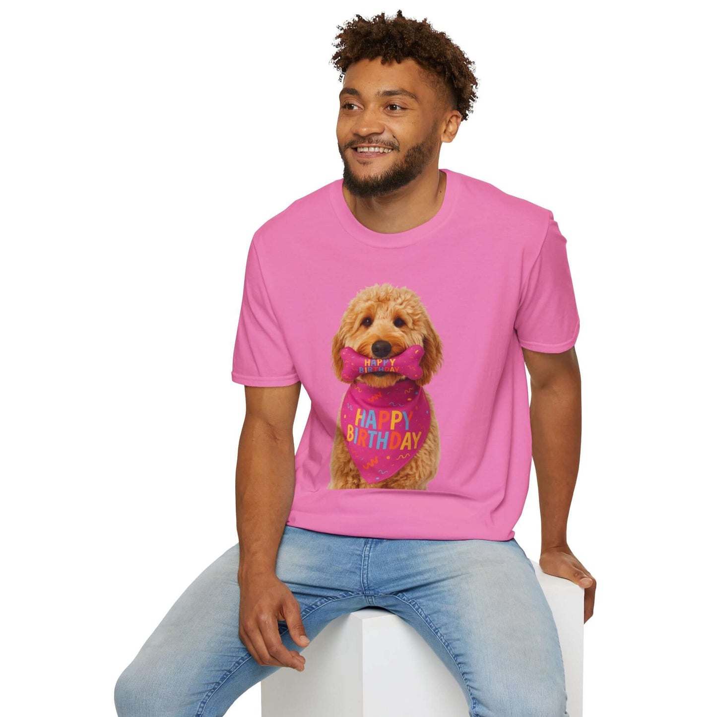Birthday Dog T-Shirt featuring a cute doodle pup in pink, perfect for pet supplies and birthday celebrations.