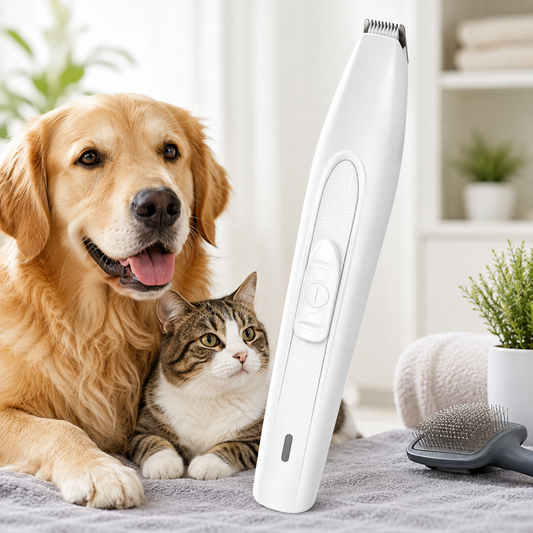 White rechargeable pet hair trimmer for dogs and cats displayed with a Golden Retriever and tabby cat