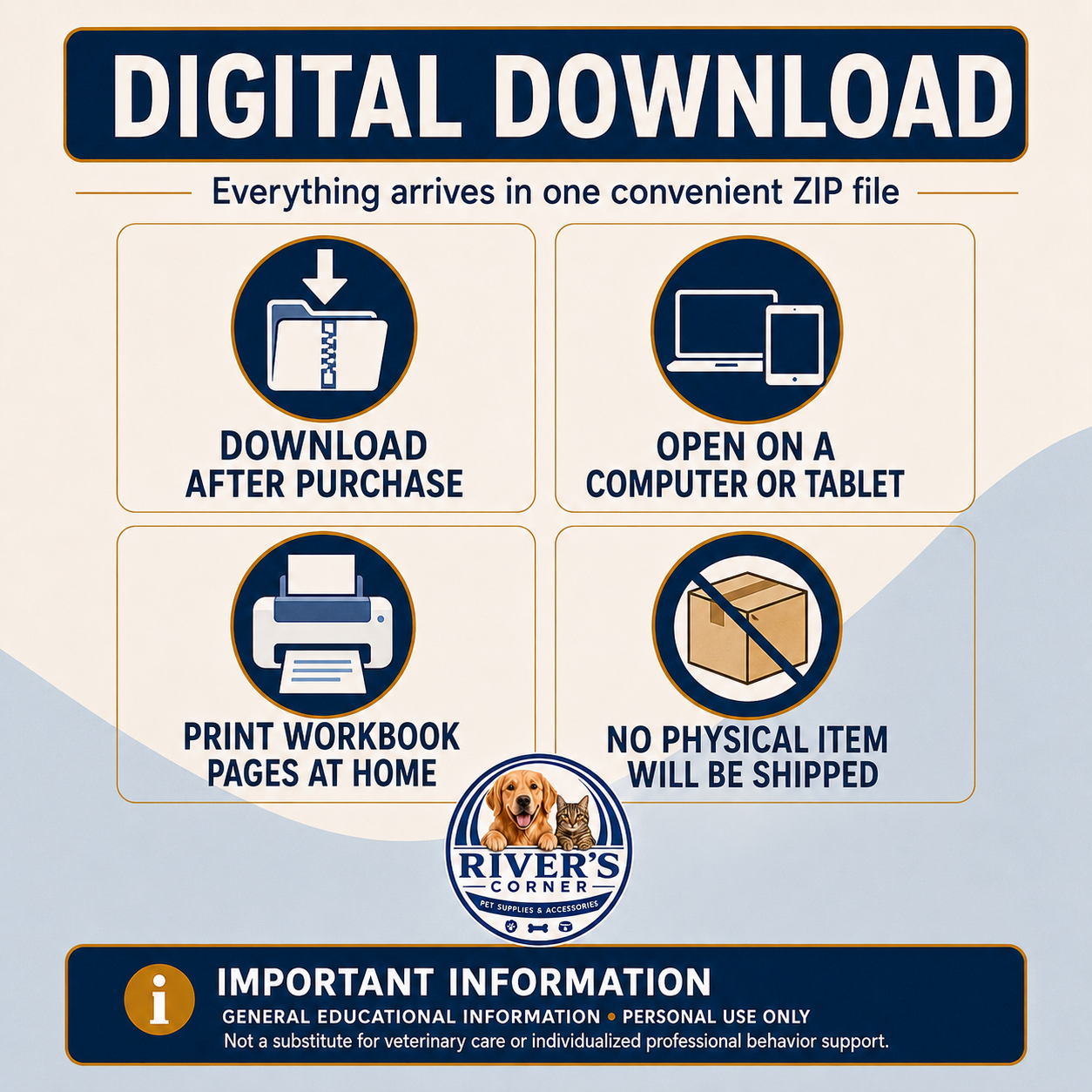 River’s Corner dog training course delivered as a digital ZIP file with no physical product shipped