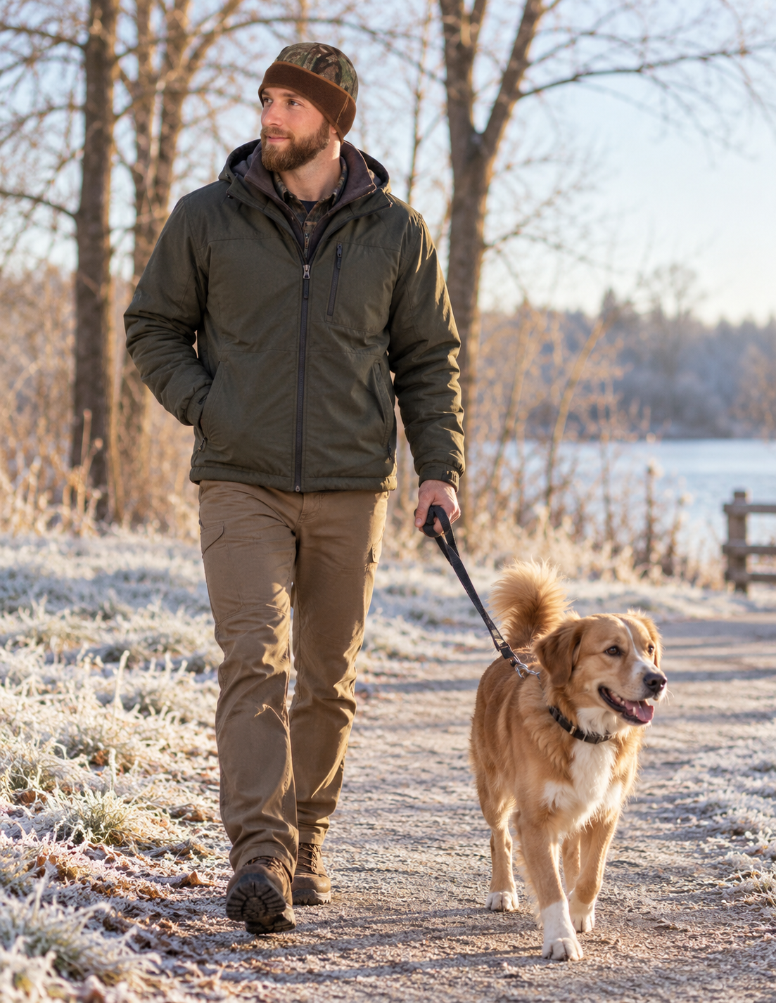 Man wearing a camouflage Heat Factory contour beanie while walking a golden dog on a frosty park path.