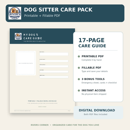 Rivers Corner Dog Sitter Care Pack with 17 printable and fillable PDF pages and three bonus tools