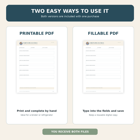 Printable and fillable PDF versions of the Rivers Corner Dog Sitter Care Pack