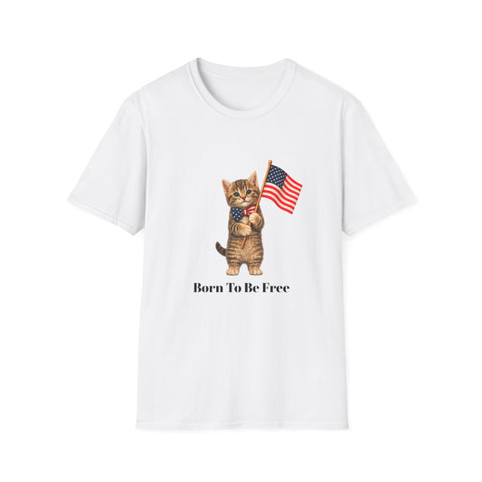 White t-shirt with a cat holding an American flag and 'Born To Be Free' text on a white background