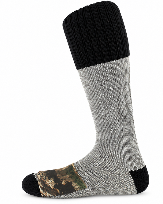 Heat Factory gray acrylic heated sock with black cuff and camouflage toe warmer pocket