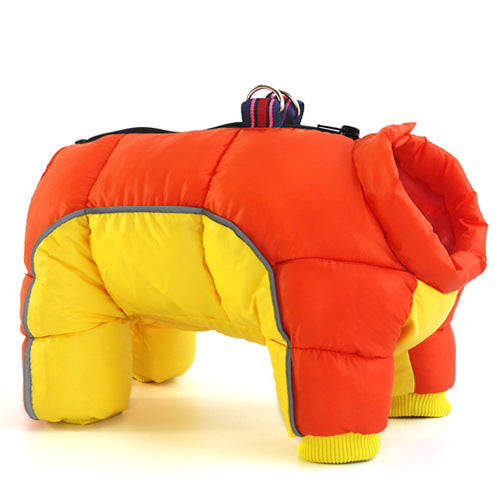 Orange and yellow puffer dog coat with a hood on a white background