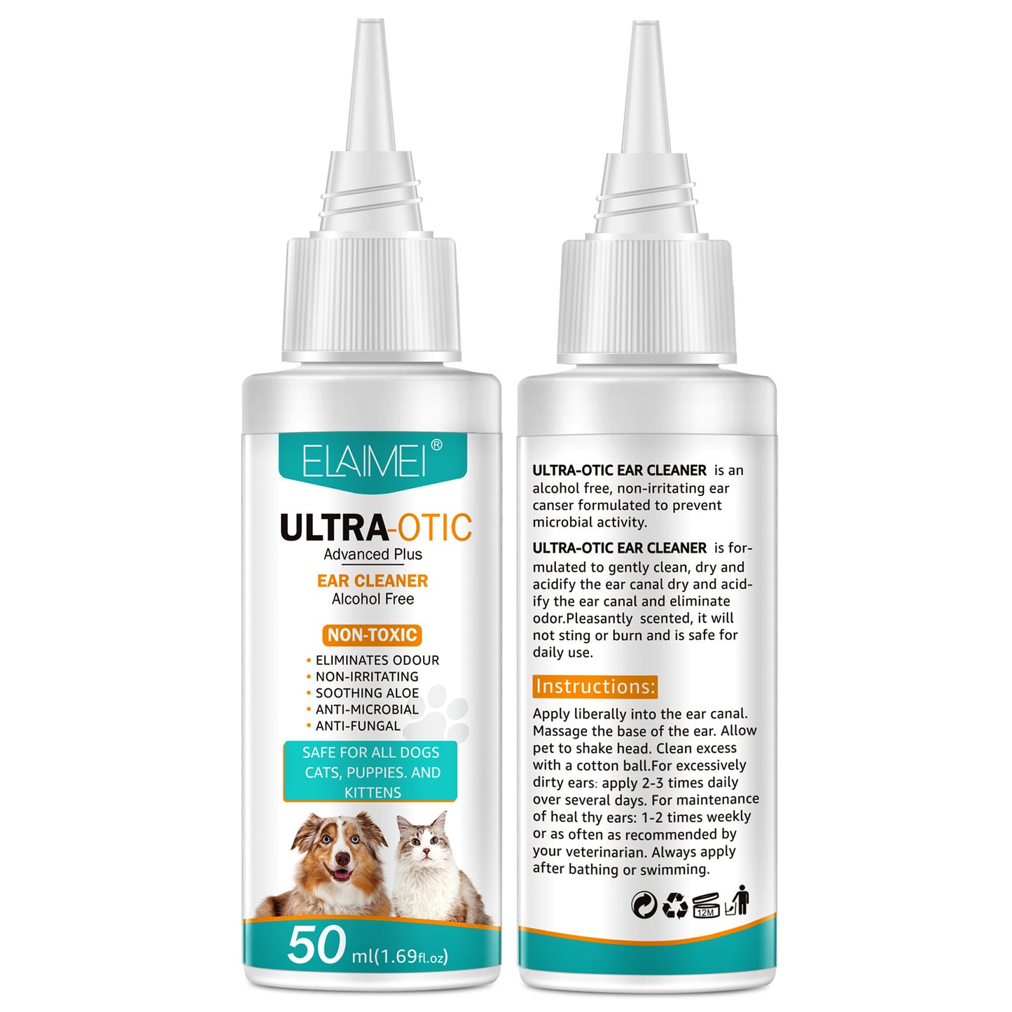 Two bottles of Elamei Ultra-Otic ear cleaner on a white background
