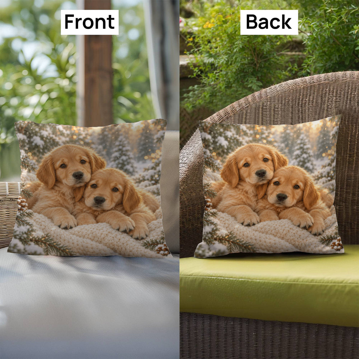 Matching front and back puppy designs displayed on outdoor chairs