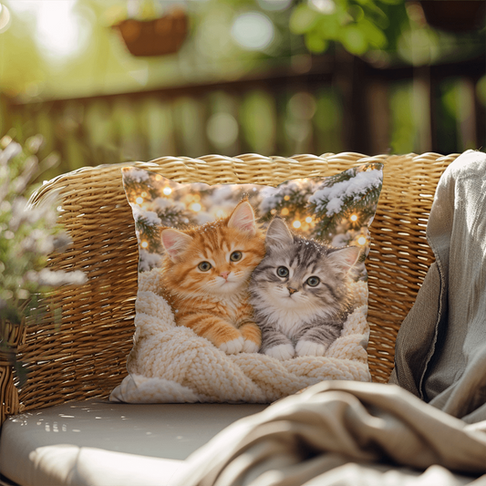 Cozy winter kitten throw pillow on a wicker chair with a neutral blanket