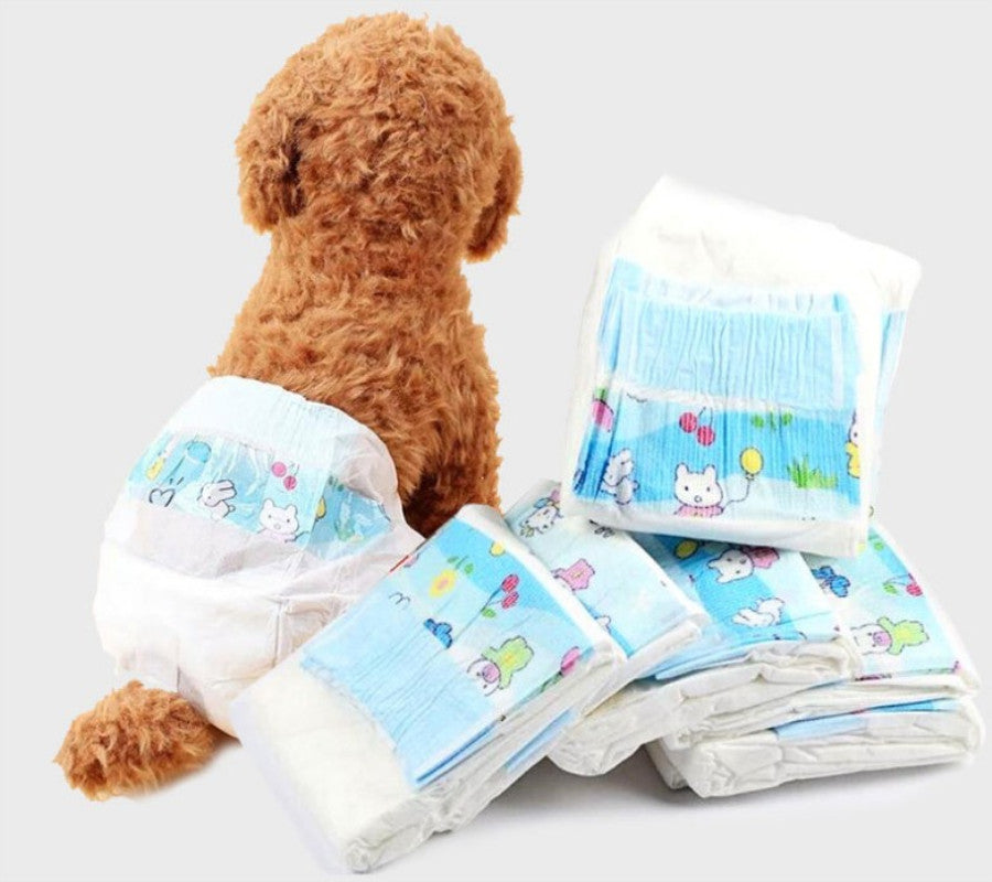 Dog wearing a stack of cartoon-patterned dog diapers on a white background