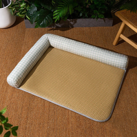 Pet bed with checkered fabric on a wooden floor