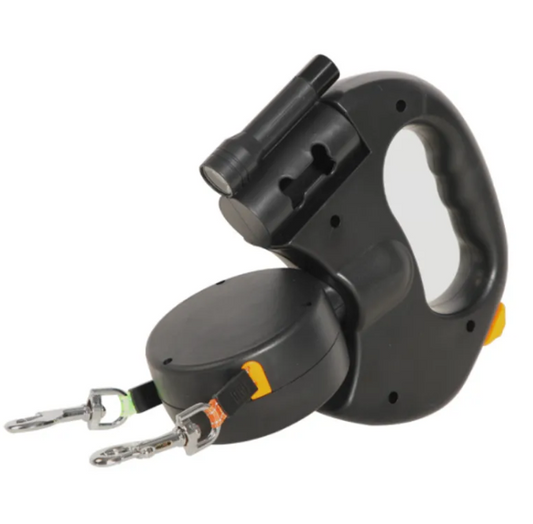 Black retractable dog leash with handle and chain on a white background