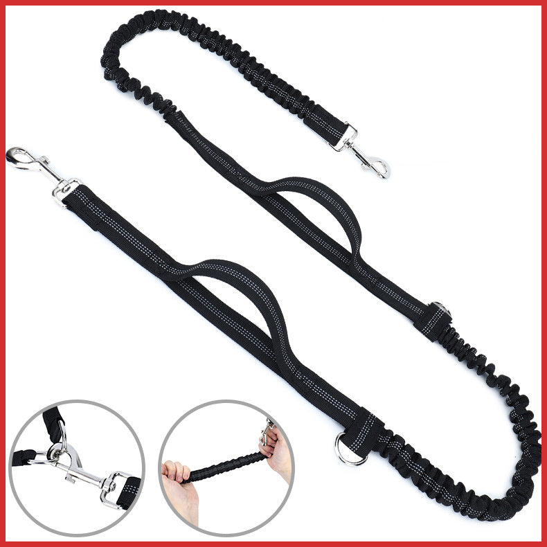 Black dog leash with handle and clip on a white background