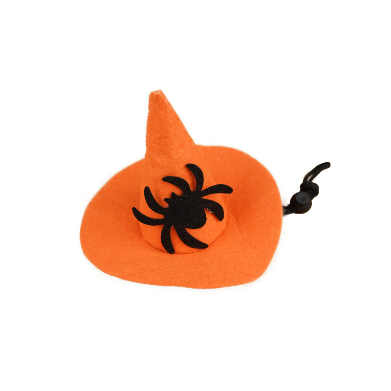 Orange Halloween hat with a black spider design on a white background