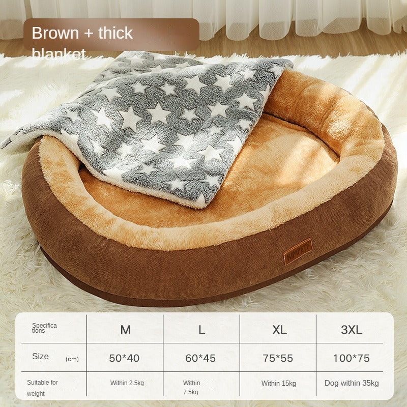 Brown pet bed with a thick blanket on a fluffy surface, featuring size chart.