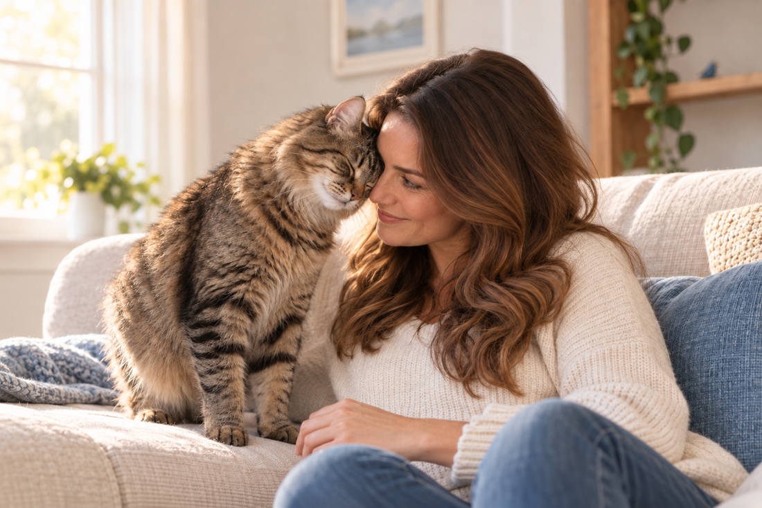 Cat gently headbutting its owner while relaxing together on a couch
