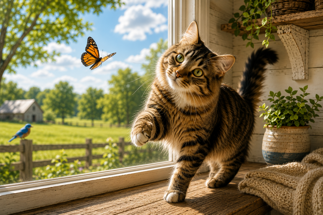 Tabby cat at window playing with a butterfly