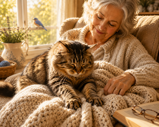 Grandma sitting on chair with tabby cat