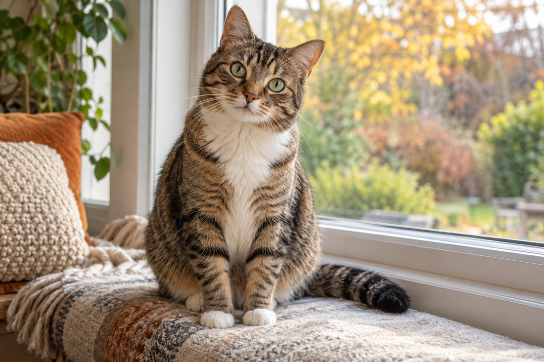 Curious cat sitting on a sunny indoor perch and looking toward the camera.
