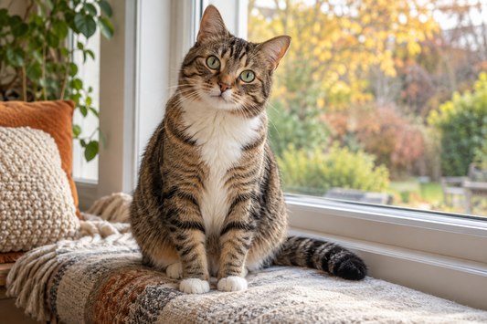 Curious cat sitting on a sunny indoor perch and looking toward the camera.