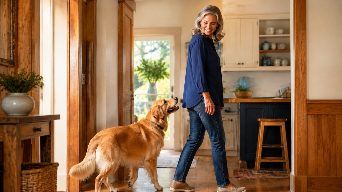 Dog following its owner through the house