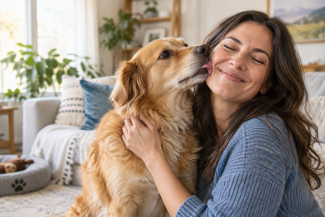 Golden-colored dog gently licking the cheek of its smiling owner in a bright living room.
