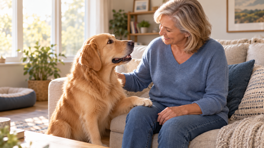 Golden retriever gently placing a paw on a seated woman’s knee while looking into her eyes in a comfortable living room.