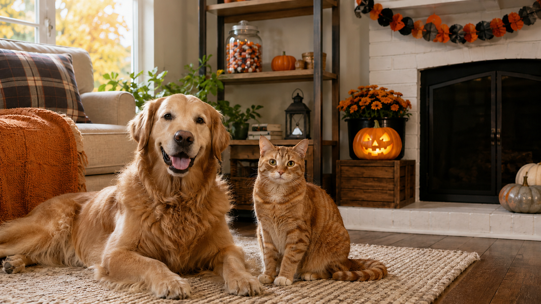 Cat and golden retriever sitting safely indoors with pumpkins and Halloween decorations.