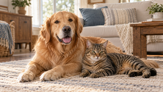 Relaxed dog and cat resting together peacefully in a warm home.