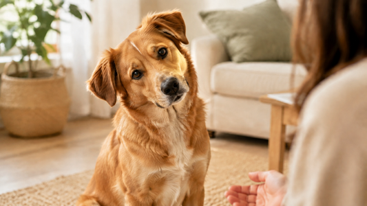 Curious dog tilting its head while listening to its owner.