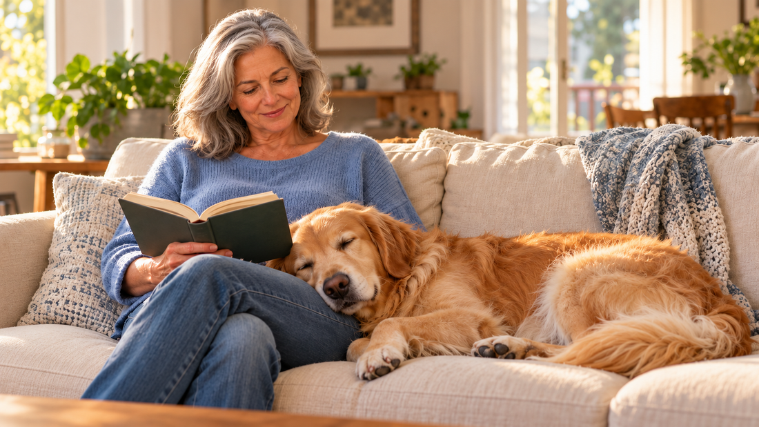  Golden retriever sleeping against an older woman’s legs while she reads on a sofa.
