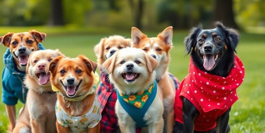 Dogs in various fashionable outfits.