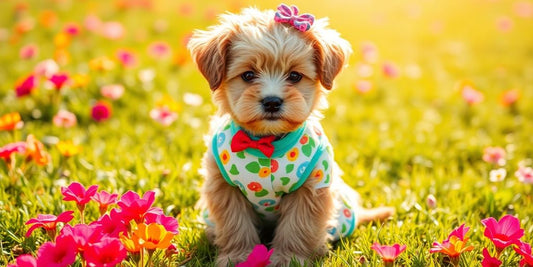 Cute puppy in colorful outfit sitting on grass.