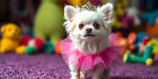 Small dog in a pink tutu and tiara.